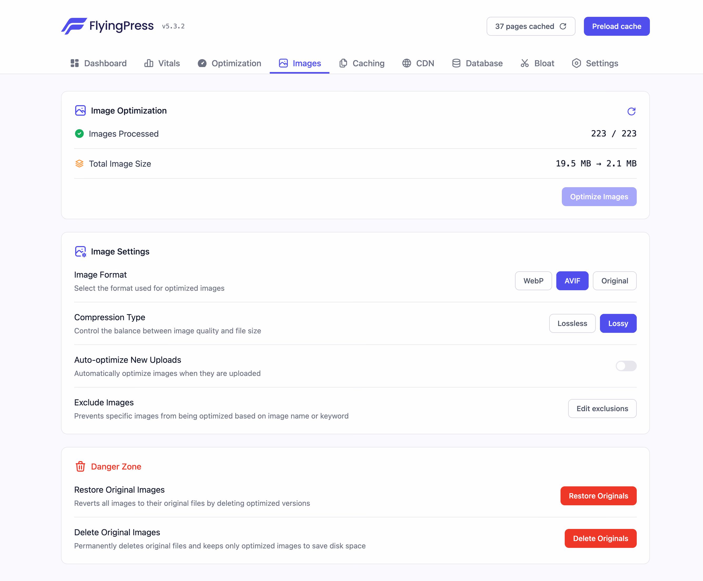 FlyingPress Image optimization screen
