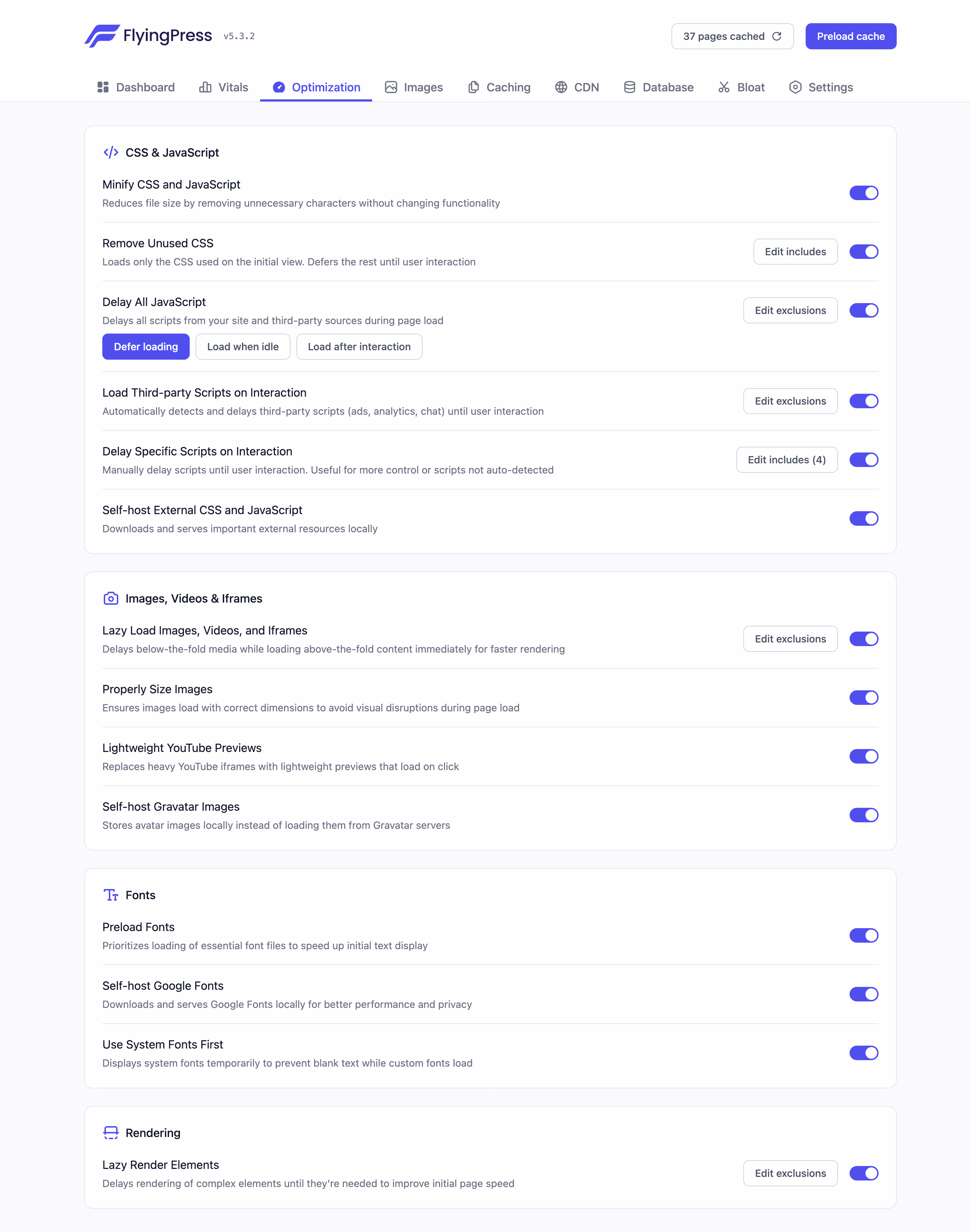 FlyingPress Page optimization screen