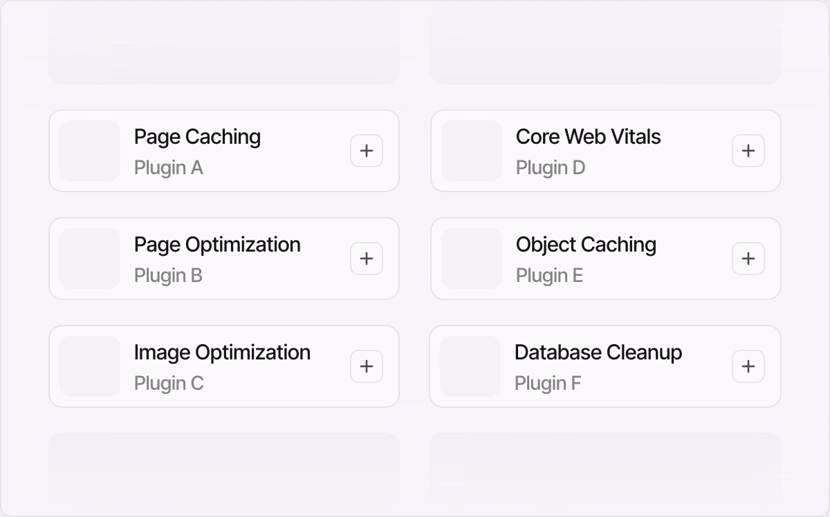 Separate plugins for Page Caching, Page Optimization, Image Optimization, Core Web Vitals, Object Caching, and Database Cleanup