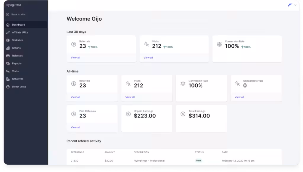 Affiliate dashboard